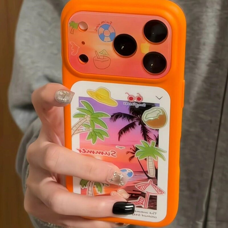 ins风夕阳椰树大视窗亚克力全包精孔手机壳适用苹果iPhone17promax高级感保护套小众16plus15pro14防摔13pro