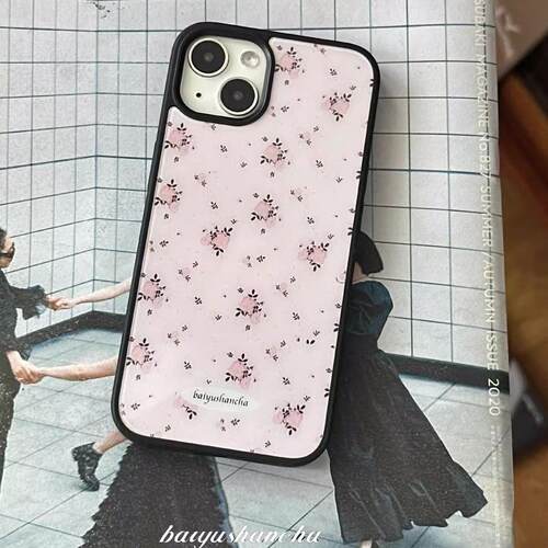 原创个性高级粉色碎花i亚克力黑边适用苹果iPhone16promax手机壳15pro小米14Pro保护套华为mate防摔三星S23