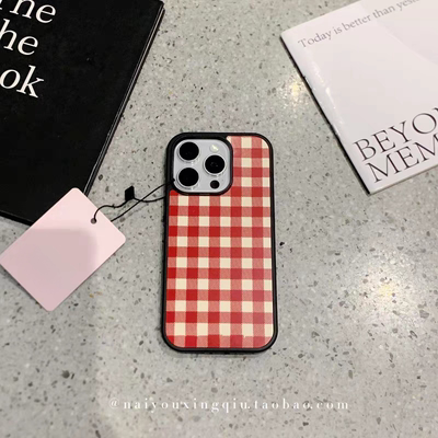 红色格子个性原创亚克力黑边磁吸适用苹果iPhone16promax手机壳1315pro小米14Pro华为mate60p70三星S23防摔