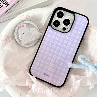 韩系ins香芋紫格纹亚克力黑边适用于苹果iPhone16promax1312pro小米1415Pro华为mate60p70三星S23防摔手机壳