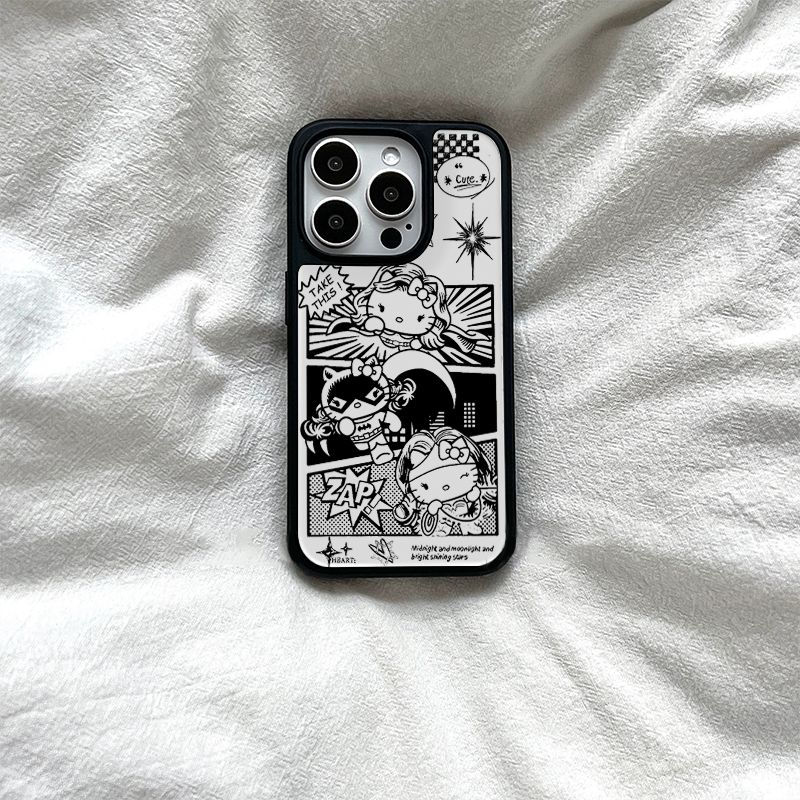 原创个性漫画超人KT猫咪亚克力黑边适用苹果iPhone16promax手机壳15pro小米14Pro保护套华为mate防摔三星S234