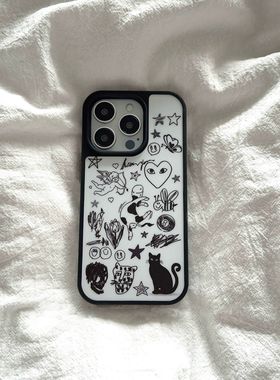 原创个性ns风个性涂鸦绘画亚克力黑边亮面磨砂适用苹果16promax手机壳iPhone15lus14Pro13保护套12防摔ins