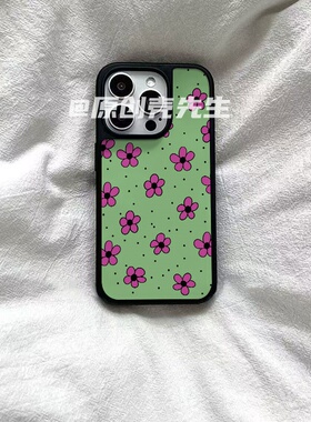 红的绿的小花原创亚克力黑边磁吸适用苹果iPhone16promax手机壳1312pro小米1415Pro华为mate60p70三星S23防摔