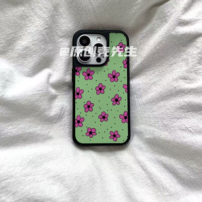 红的绿的小花原创亚克力黑边磁吸适用苹果iPhone16promax手机壳1312pro小米1415Pro华为mate60p70三星S23防摔