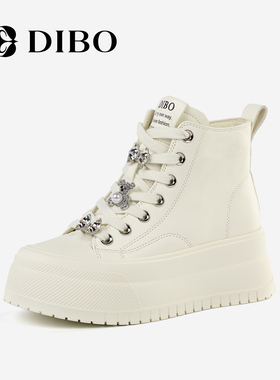 DIBO碲铂商场同款加绒高帮板鞋2025冬季新款厚底增高真皮小白鞋女