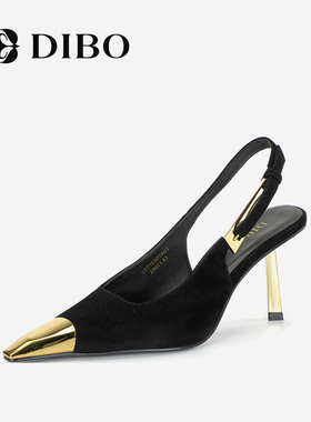 DIBO碲铂商场同款2025夏季法式金属尖头高跟鞋黑色真皮时装凉鞋女