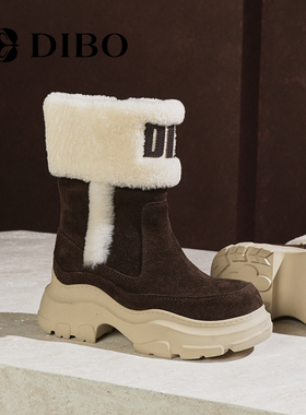 DIBO碲铂商场同款2025年冬季新款加绒羊羔毛保暖棉鞋中筒雪地靴女