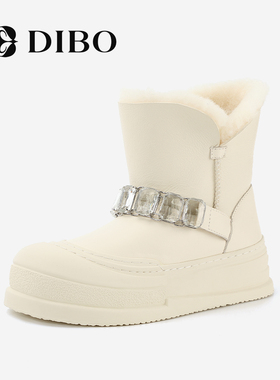 DIBO碲铂商场同款冬季新款白色雪地靴女羊毛亮钻保暖短靴女