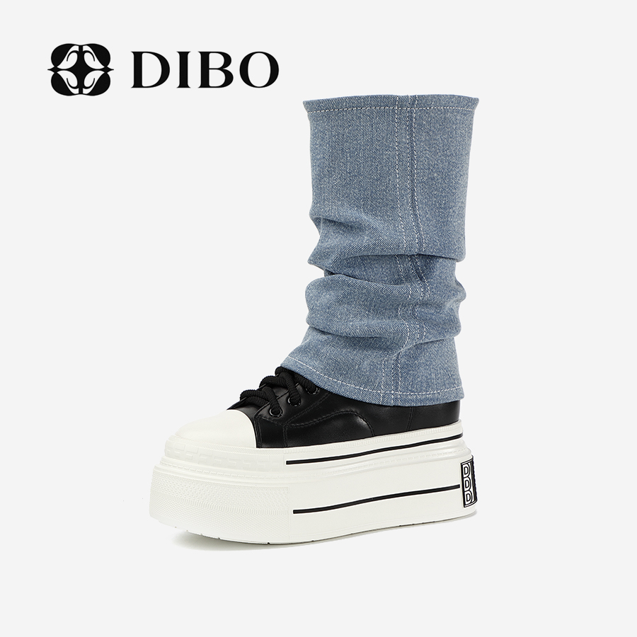 DIBO碲铂商城同款新款真皮厚底设计感拼接牛仔靴潮流时装靴女