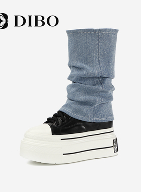DIBO碲铂商城同款新款真皮厚底设计感拼接牛仔靴潮流时装靴女