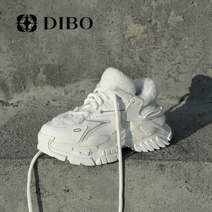 DIBO碲铂加绒厚底老爹鞋女2023冬季新款黑色厚底增高休闲运动鞋