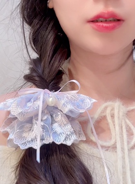 浅紫色花朵花瓣发圈大肠发圈可爱手工蝴蝶蕾丝发圈