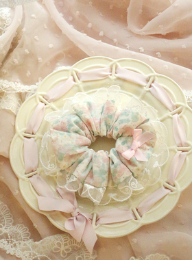 013粉绿色蕾丝蝴蝶结大肠发圈甜妹自制碎花少女感发圈可爱甜辣风