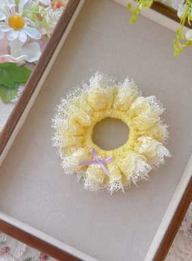 迷你双层黄色蝴蝶结蕾丝重工可爱手工蝴蝶蕾丝发圈丸子头发圈