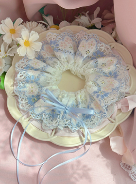 蓝色可爱多层蕾丝重工花朵花环发圈丸子头发圈