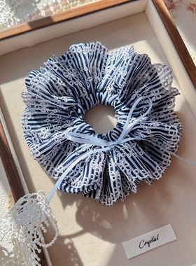 蓝色条纹蝴蝶结刺绣可爱发圈大肠发圈可爱手工蝴蝶蕾丝发圈