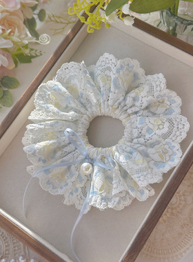 蓝色双层蝴蝶结蕾丝复古裙摆可爱手工蝴蝶蕾丝发圈