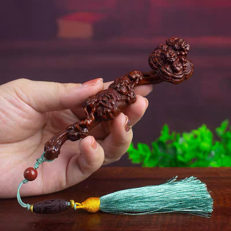 手工雕刻小叶紫檀灵芝如意手把件祥瑞吉祥摆件木雕红木盘玩礼物