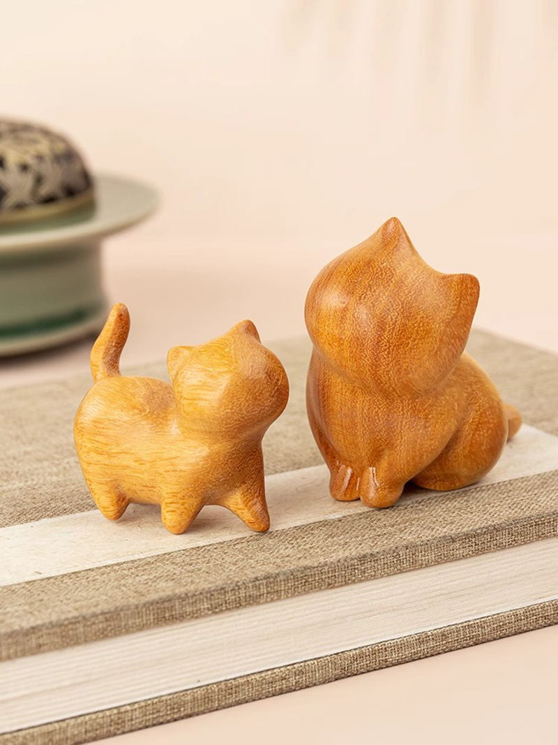 檀香木小猫木雕手把件可爱创意个性复古室内办公桌摆件家居装饰品