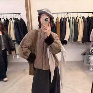 韩系菱格纹撞色棉服短外套女秋冬舒服外套极简风棉服保暖宽松