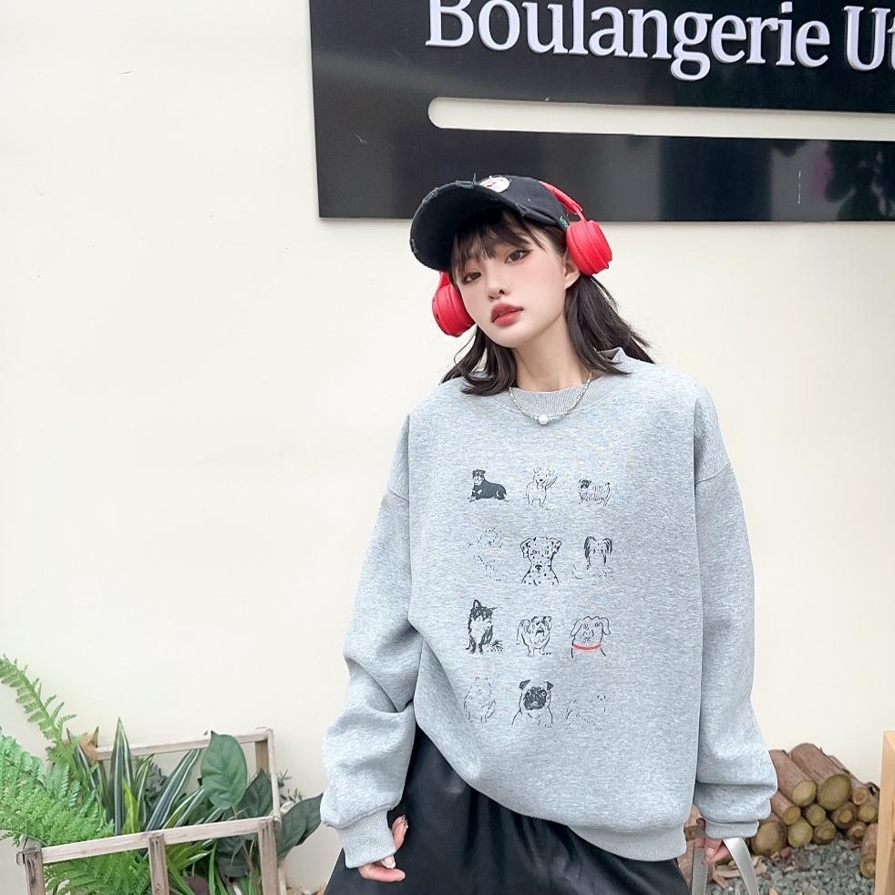 秋冬加绒套头卫衣女纯棉宽松显瘦韩版休闲狗狗印花百搭小个子可穿