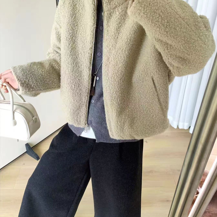 羊羔毛外套女短款立领拉链开衫