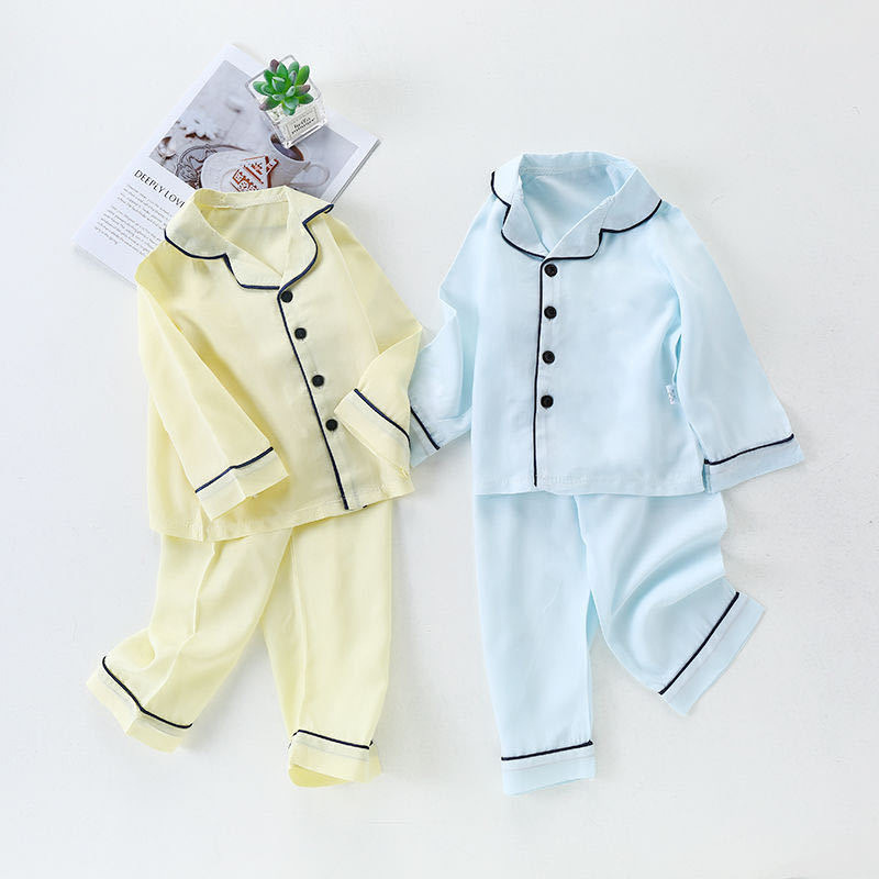 夏季开衫长袖女童绵绸翻领家居服