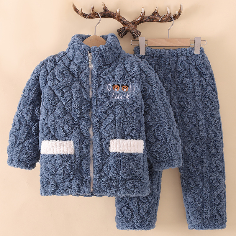 法兰绒冬季三层夹棉家居服套装