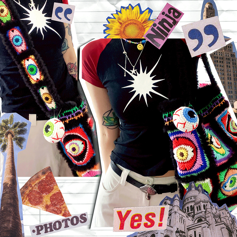 朋克手工钩针撞色眼球毛线大包包