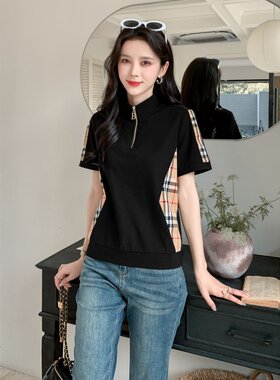 高端欧美大牌夏季格子格纹T恤