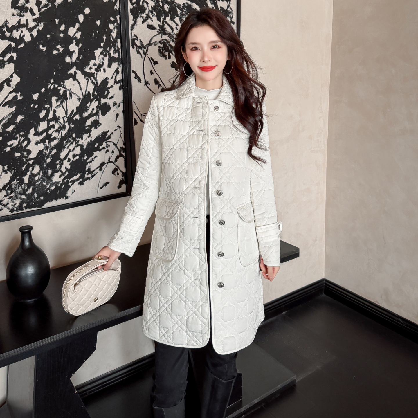 英伦大牌气质贵族中长款菱形棉衣