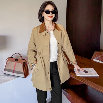 英伦撞色翻领女中长风衣显瘦外套