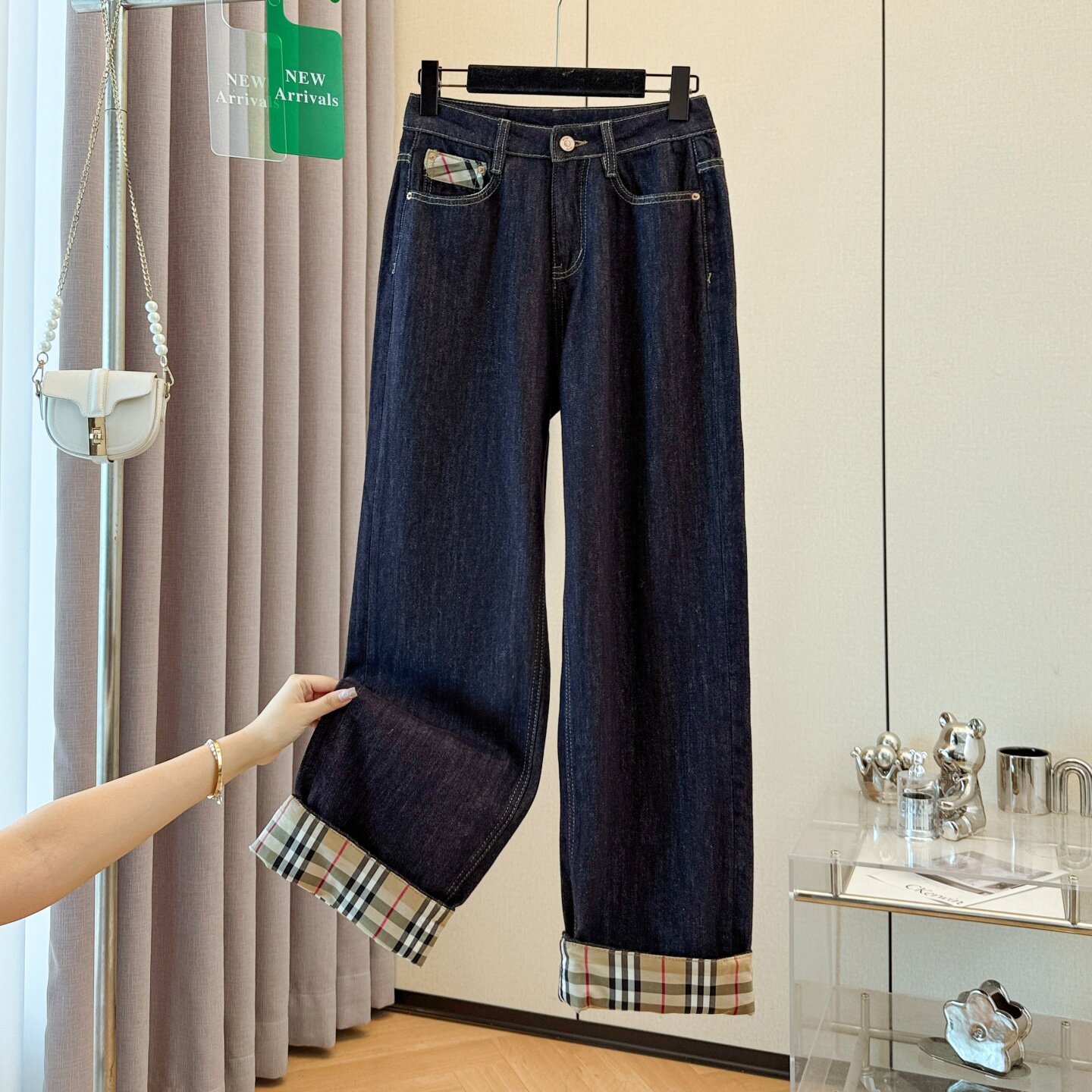 欧美时尚大牌直筒厚牛仔裤女百搭松弛感格纹拼接长裤BIABETTY正品