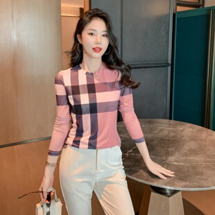 成熟优雅高品质长袖网纱格子方格T恤打底衫BIABETTY英伦专柜正品