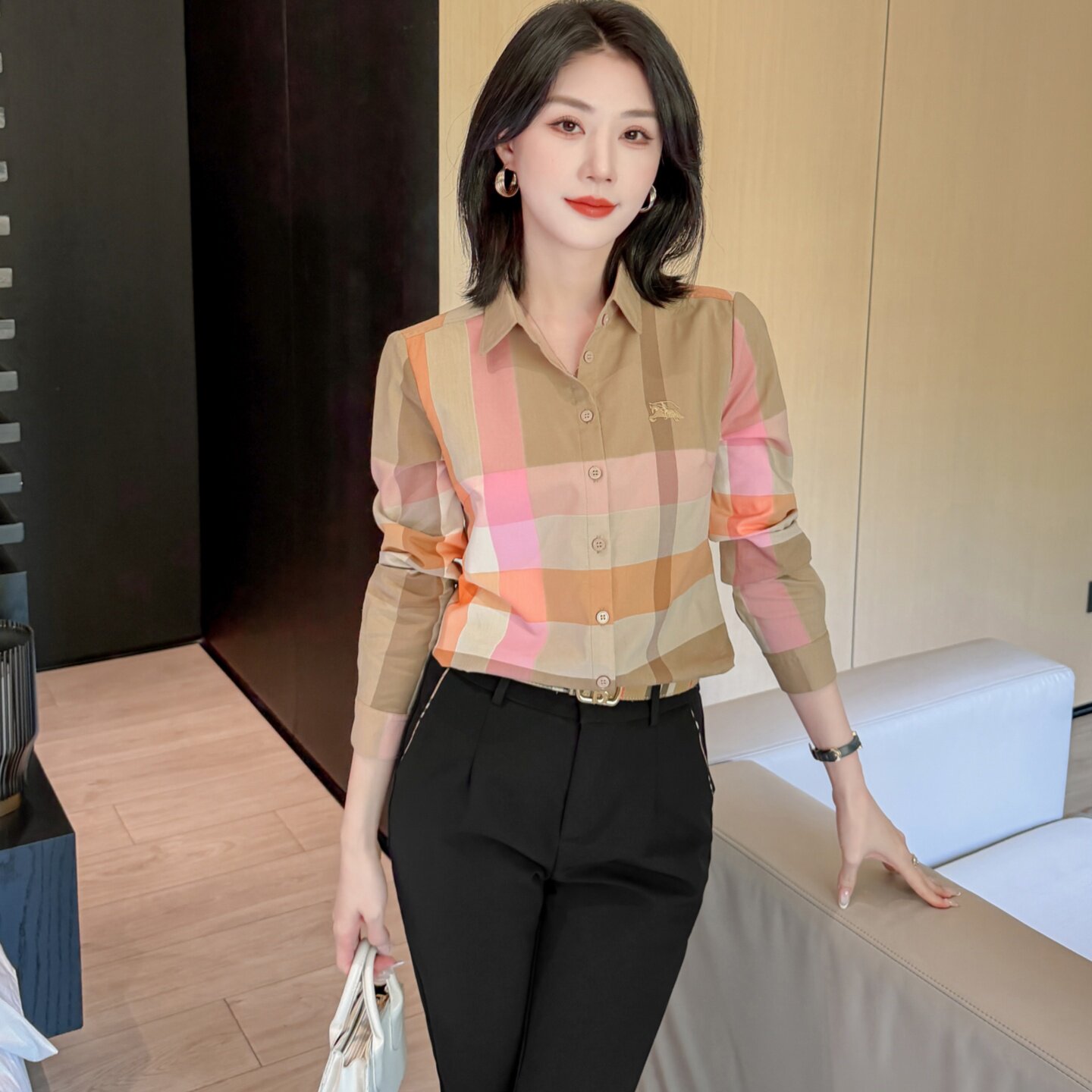 高端棉质格子春秋女士衬衫正品