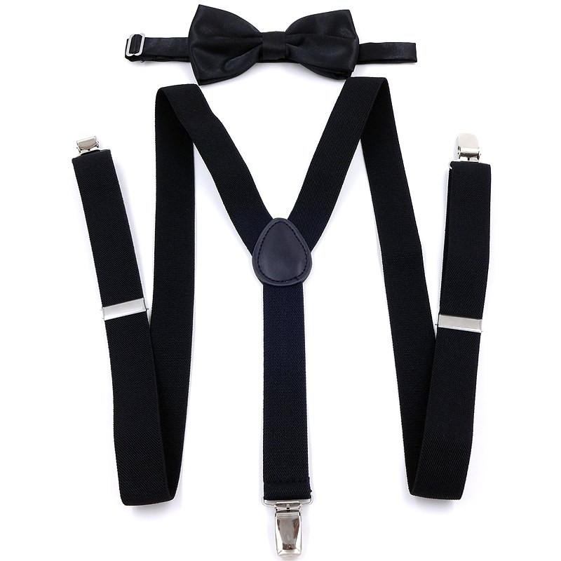 男女通用3夹背带领结套装结婚演出黑色吊裤带松紧可调节Y型背带夹