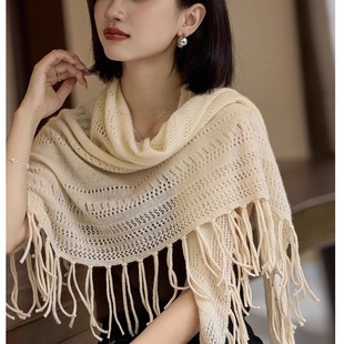 100%纯山羊绒披肩保暖三角巾办公室针织外搭镂空围巾流苏旗袍斗篷