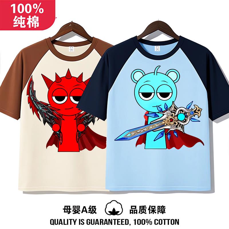 超划算sprunki全纯棉衣服中小童音乐节奏盒子图案儿童男A类潮流短