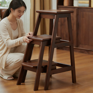 北欧实木折叠梯凳家用多功能梯子椅子两用室内登高凳花架置物爬梯