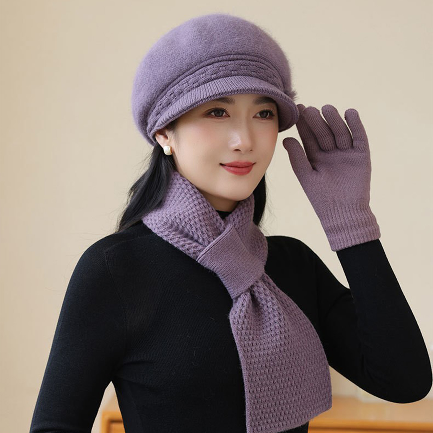 中老年妈妈洋气保暖帽女秋冬新款加厚加绒兔毛针织帽子围巾两件套