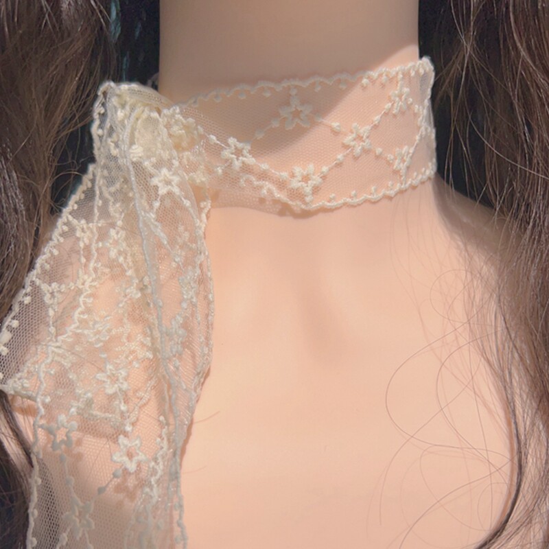 温柔仙气刺绣蕾丝花朵长条项圈颈带choker小众设计窄围巾飘带项链