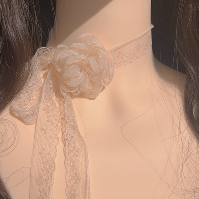 韩版温柔仙气裸色蕾丝花朵长款绑带项圈颈带少女气质百搭choker