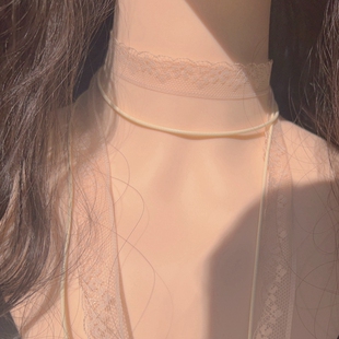 叠戴层次感温柔仙气杏色蕾丝花边飘带长款颈带项圈长条丝巾choker