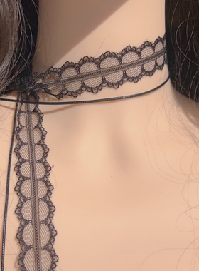 原创设计个性气质黑色蕾丝双层叠戴项圈颈带choker气质百搭飘带