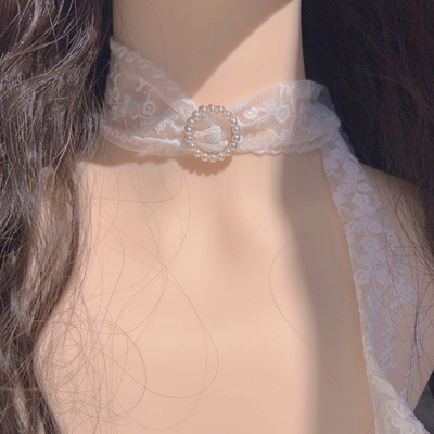 法式复古温柔仙气白色刺绣蕾丝珍珠长款飘带窄围巾项圈颈带choker