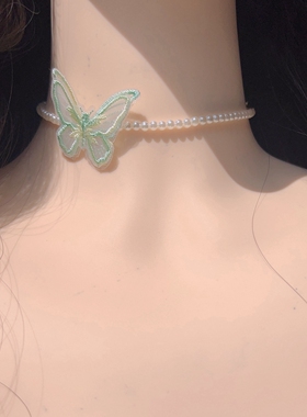 韩版超仙气绿色蝴蝶珍珠短款锁骨链项链少女清新甜美气质choker