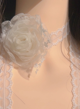 韩版纯欲风温柔仙气网纱花朵白色蕾丝花朵项圈颈带choker少女项链