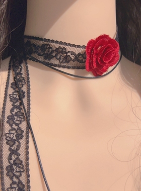 黑色性感气质蕾丝花边酒红色花朵长款叠戴项圈颈带choker百搭项链