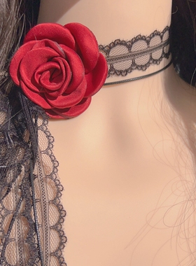 小众设计性感气质酒红色花朵黑色蕾丝叠戴项圈颈带飘带小围巾项链