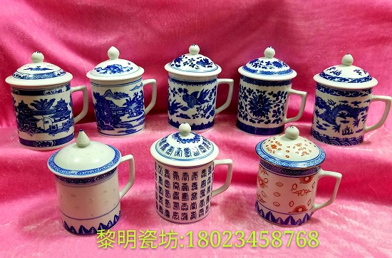 景德镇青花水桶中式风带盖茶杯